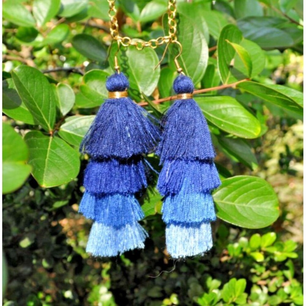 Chandelier Sunset Boho Gypsy earrings with dark to light blue tassel fringe